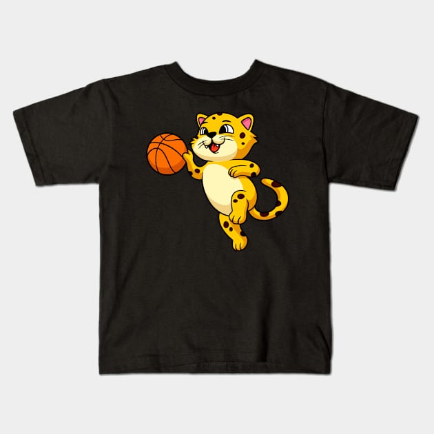 Cute Cartoon Leopard Cat plays Basketball Kids Kids T-Shirt by Foxxy Merch